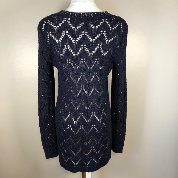 White House Black Market Studded Neckline Long Sleeve Navy Lace Sweater Size S - Picture 2 of 10